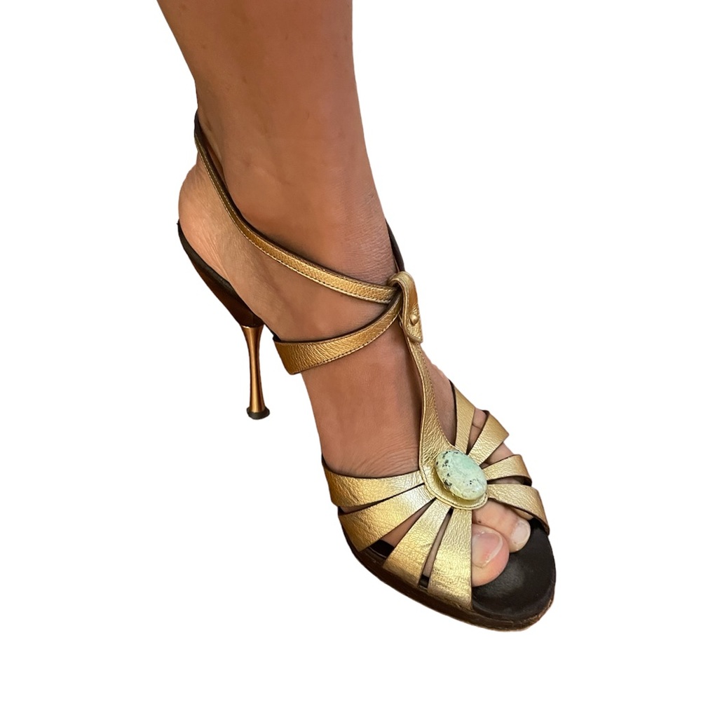 Valentino- leather - gold stiletto heel sandal w/ precious stone detail. Size 9